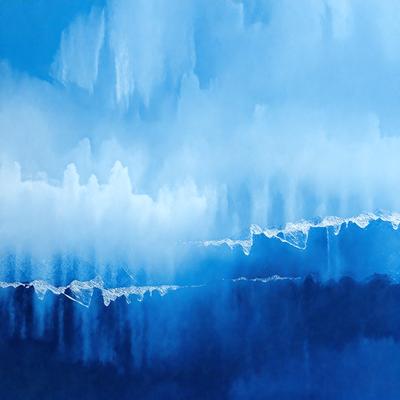 The primary subject of the image is a blue and white painting of a mountain. The setting is a mountainous landscape, and the visual style is a painting. The dominant colors are blue and white, creating a serene and calming atmosphere.